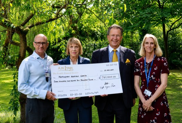 L-R Nigel Gregory (Chief Executive Officer Nottingham Hospitals Charity), Jackie Lymn Rose (Company Director A.W. Lymn), Nigel Lymn Rose MBE (Company Chairman at A.W. Lymn), Sarah Radcliffe (Head of Service for Palliative Care at Nottingham Hospitals)
