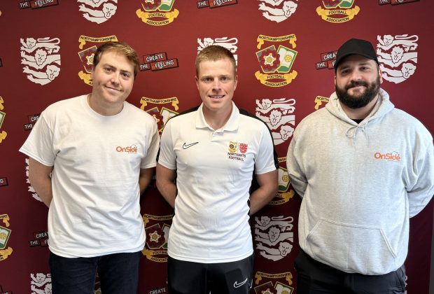 Conner Botterill of huddleUp, Luke Scott of Northamptonshire FA, and Adam Franklin of huddleUp.